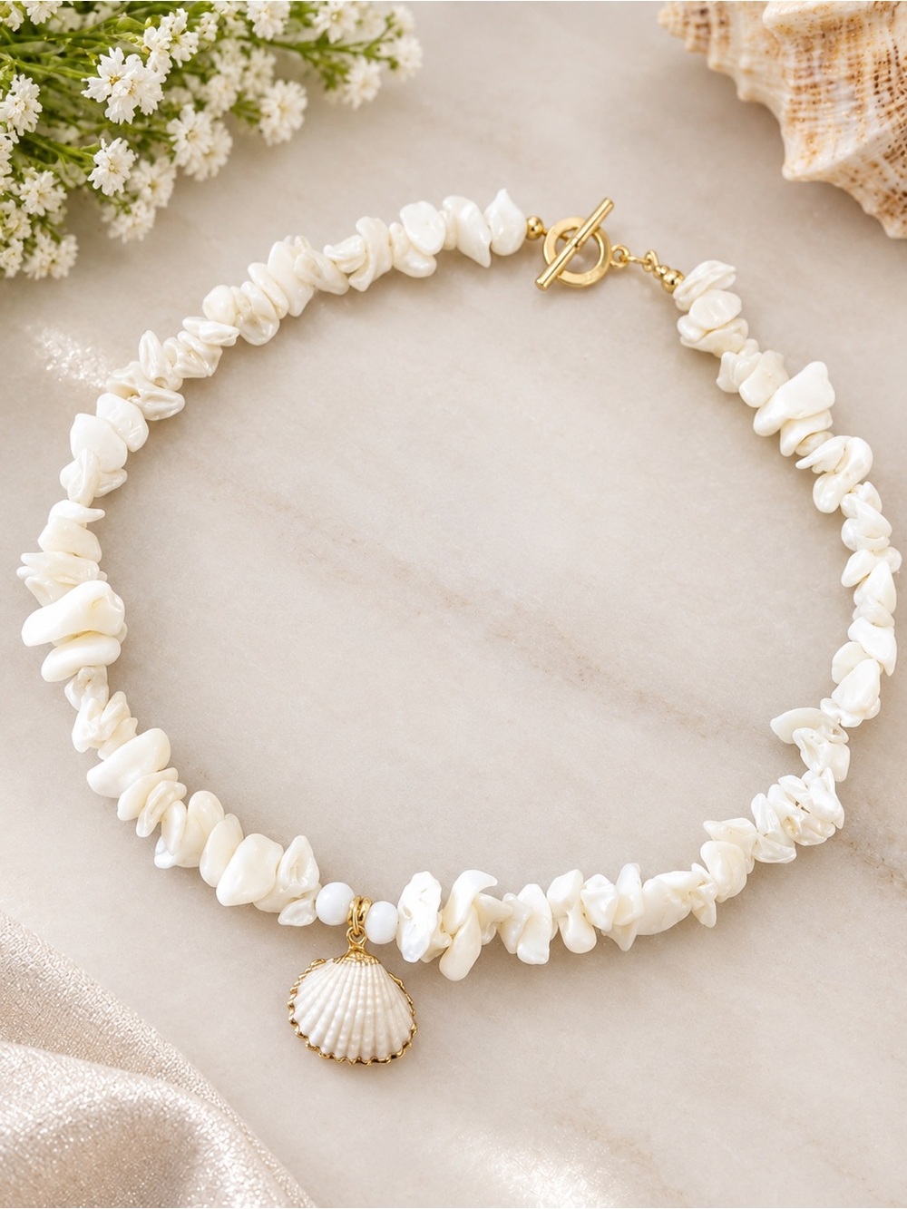White Shell Chip Necklace with Gold Shell Pendant